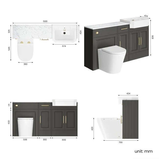 Monaco Graphite Grey Combination Vanity Traditional Basin with Marble Top and Boston Toilet 1500mm - Brass Knurled Handles