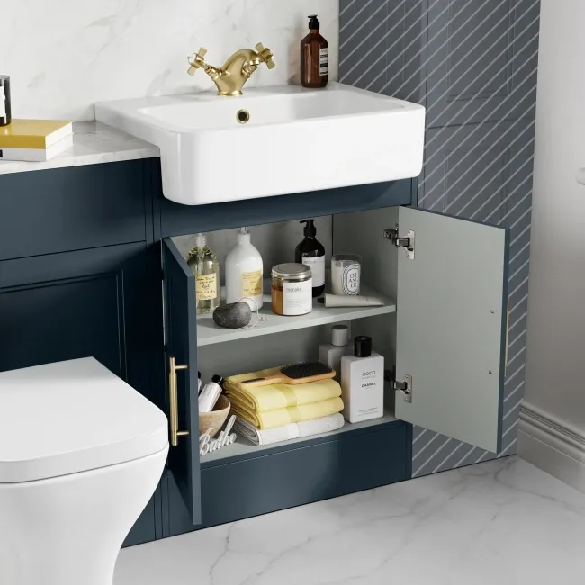 Monaco Inky Blue Combination Vanity Basin with Marble Top & Atlanta Toilet 1200mm - Brass Knurled Handles