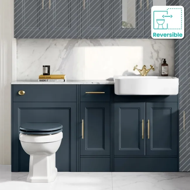 Monaco Inky Blue Combination Vanity Basin with Marble Top and Hudson Toilet with Wooden Seat 1500mm - Brass Knurled Handles