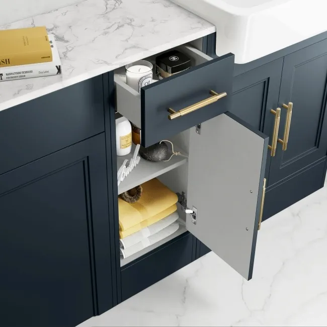 Monaco Inky Blue Combination Vanity Basin with Marble Top and Hudson Toilet with Wooden Seat 1500mm - Brass Knurled Handles