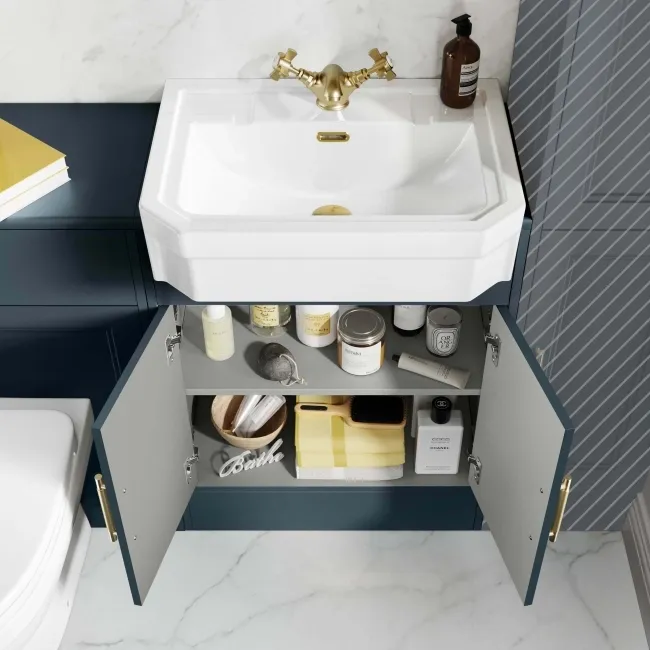 Monaco Inky Blue Combination Vanity Traditional Basin and Seattle Toilet 1200mm - Brass Knurled Handles