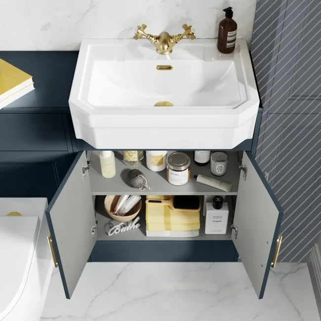 Monaco Inky Blue Combination Vanity Traditional Basin and Boston Toilet 1200mm - Brass Knurled Handles