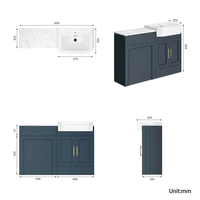 Monaco Inky Blue Combination Vanity Traditional Basin with Marble Top 1200mm (Excludes Pan & Cistern) - Brass Knurled Handles