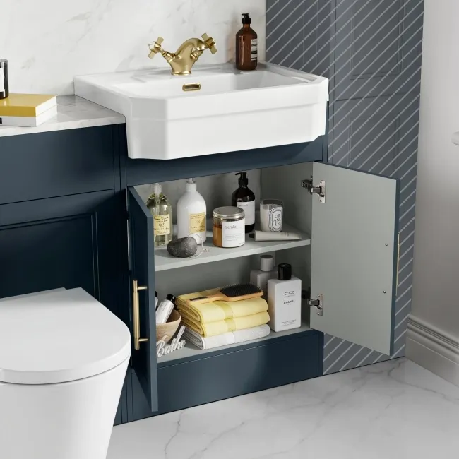Monaco Inky Blue Combination Vanity Traditional Basin with Marble Top & Boston Toilet 1200mm - Brass Knurled Handles