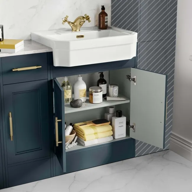 Monaco Inky Blue Combination Vanity Traditional Basin with Marble Top 1500mm (Excludes Pan & Cistern) - Brass Knurled Handles