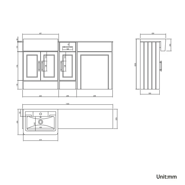 Monaco Inky Blue Combination Vanity Traditional Basin with Marble Top 1500mm (Excludes Pan & Cistern) - Brass Knurled Handles