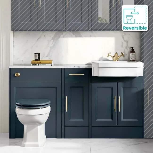 Monaco Inky Blue Combination Vanity Traditional Basin with Marble Top & Hudson Toilet with Wooden Seat 1500mm - Brass Knurled Handles