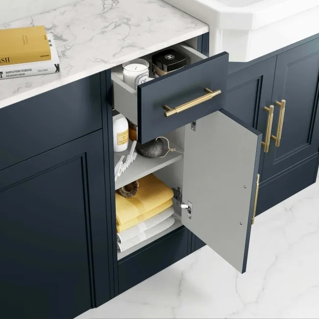 Monaco Inky Blue Combination Vanity Traditional Basin with Marble Top & Hudson Toilet with Wooden Seat 1500mm - Brass Knurled Handles