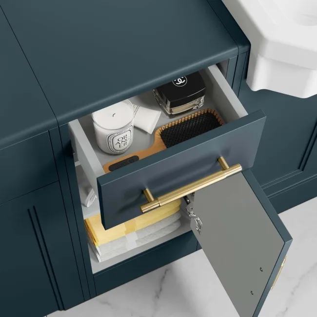 Monaco Inky Blue Side Cabinet Unit 300mm - Brass Knurled Handles