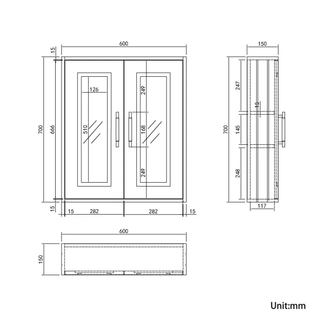 Inky Blue Wall Hung Mirror Cabinet 700x600mm - Brass Knurled Handles