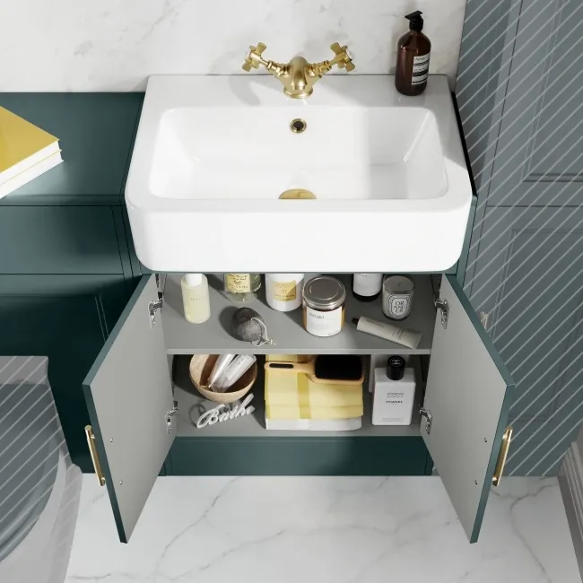 Monaco Midnight Green Basin Vanity and Back To Wall Unit 1200mm (Excludes Pan & Cistern) - Brass Knurled Handles