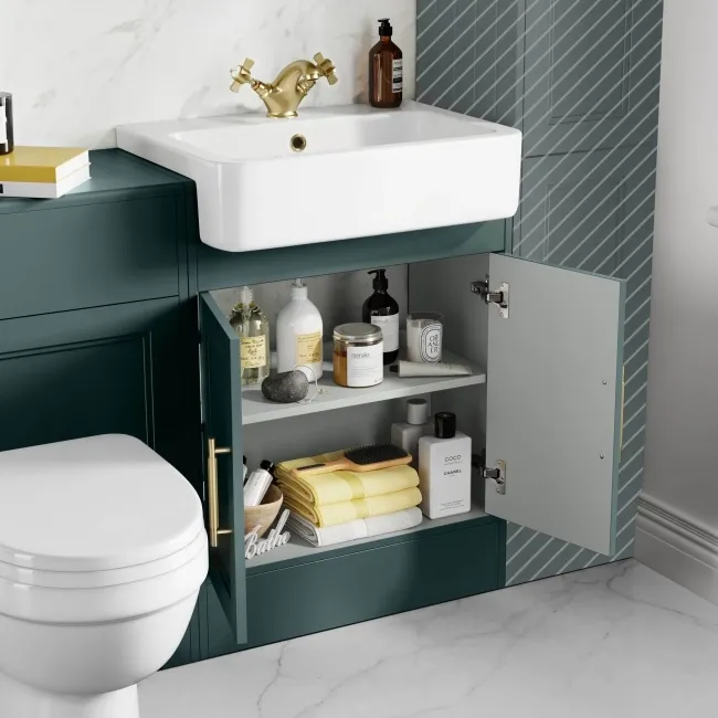 Monaco Midnight Green Combination Vanity Basin and Seattle Toilet 1200mm - Brass Knurled Handles