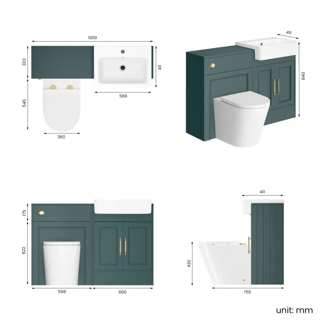 Monaco Midnight Green Combination Vanity Basin and Boston Toilet 1200mm - Brass Knurled Handles