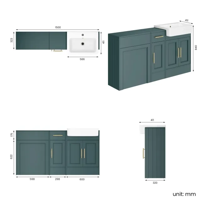 Monaco Midnight Green Basin Vanity and Back To Wall Unit 1500mm (Excludes Pan & Cistern) - Brass Knurled Handles
