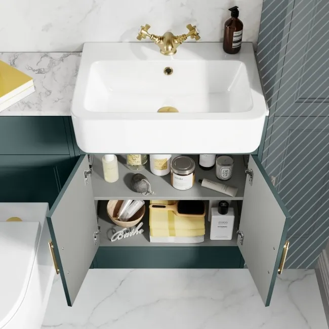 Monaco Midnight Green Combination Vanity Basin with Marble Top & Boston Toilet 1200mm - Brass Knurled Handles