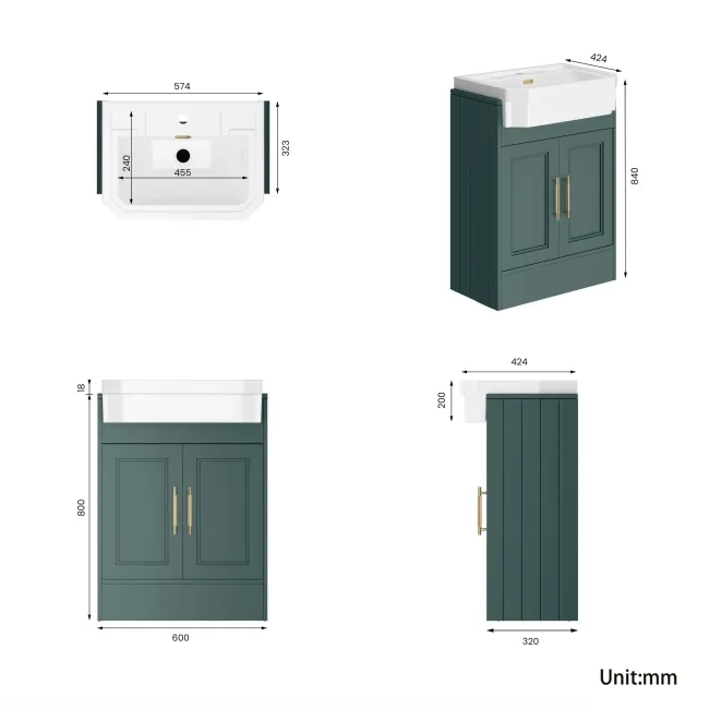 Monaco Midnight Green Traditional Basin Vanity 600mm - Brass Knurled Handles