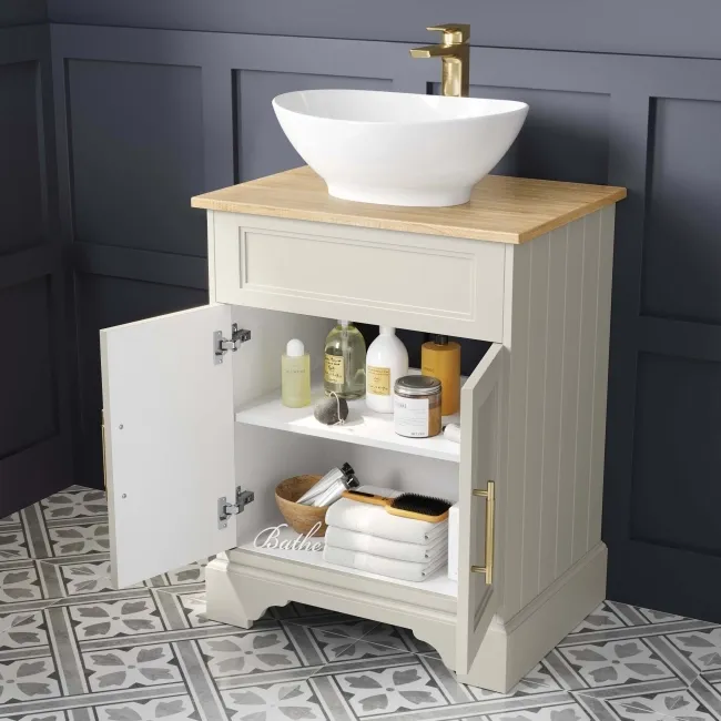 Lucia Chalk White Vanity with Oak Effect Top & Oval Counter Top Basin 640mm - Brass Knurled Handles