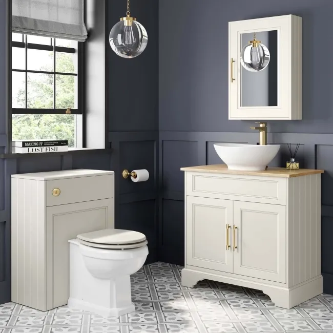 Lucia Chalk White Vanity with Oak Effect Top & Oval Counter Top Basin 840mm - Brass Knurled Handles