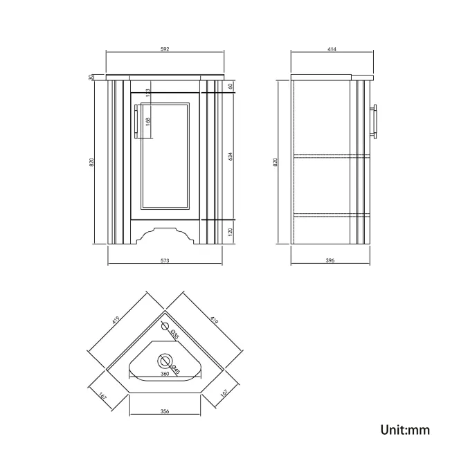 Lucia Graphite Grey Corner Basin Vanity 400mm - Brass Knurled Handle
