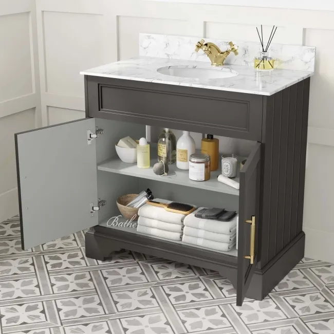 Lucia Graphite Grey Vanity with Marble Top & Undermount Basin 830mm - Brass Knurled Handles