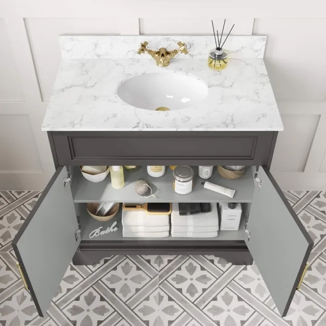 Lucia Graphite Grey Vanity with Marble Top & Undermount Basin 830mm - Brass Knurled Handles