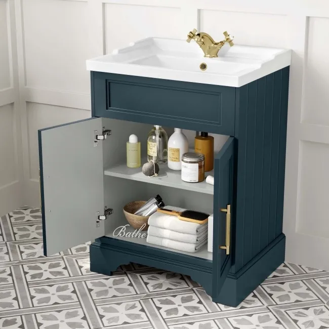 Lucia Inky Blue Basin Vanity 630mm - Brass Knurled Handles
