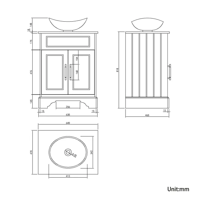 Lucia Inky Blue Vanity with Oak Effect Top & Oval Counter Top Basin 640mm - Brass Knurled Handles