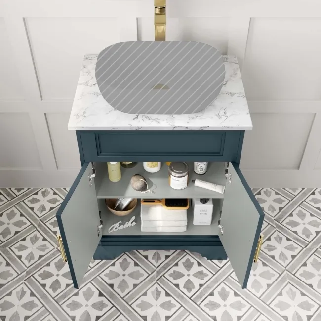 Lucia Inky Blue Cabinet with Marble Top 640mm (Excludes Counter Top Basin) - Brass Knurled Handles