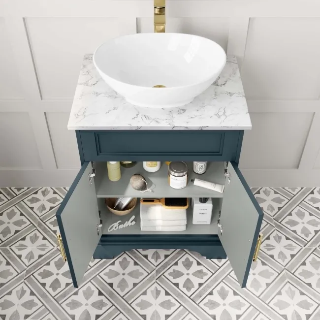 Lucia Inky Blue Vanity with Marble Top & Oval Counter Top Basin 640mm - Brass Knurled Handles