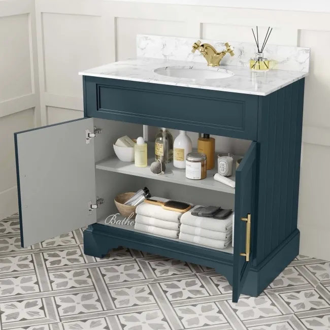 Lucia Inky Blue Vanity with Marble Top & Undermount Basin 830mm - Brass Knurled Handles