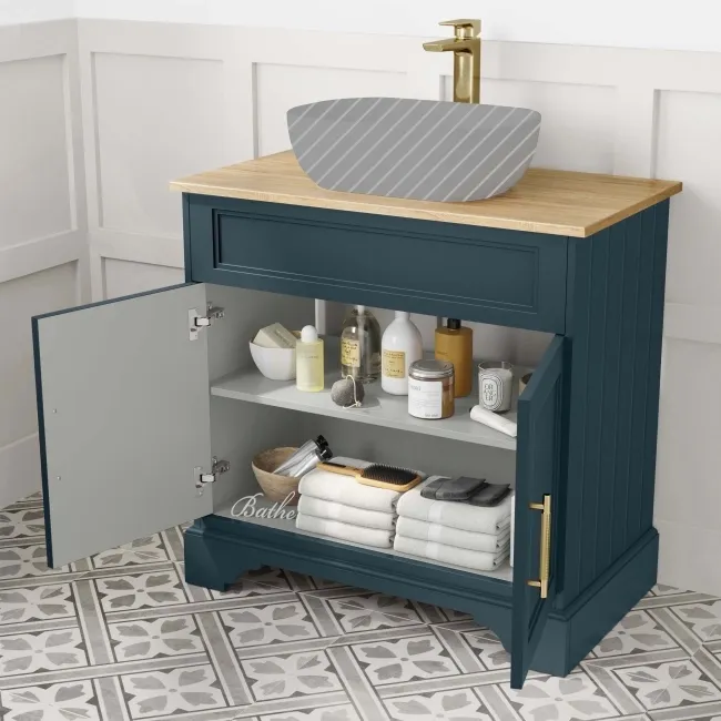 Lucia Inky Blue Cabinet with Oak Effect Top 840mm (Excludes Counter Top Basin) - Brass Knurled Handles