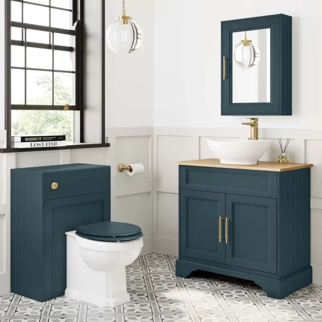 Lucia Inky Blue Vanity with Oak Effect Top & Oval Counter Top Basin 840mm - Brass Knurled Handles
