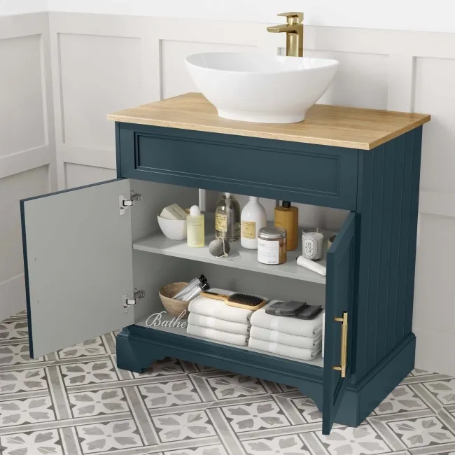 Lucia Inky Blue Vanity with Oak Effect Top & Oval Counter Top Basin 840mm - Brass Knurled Handles
