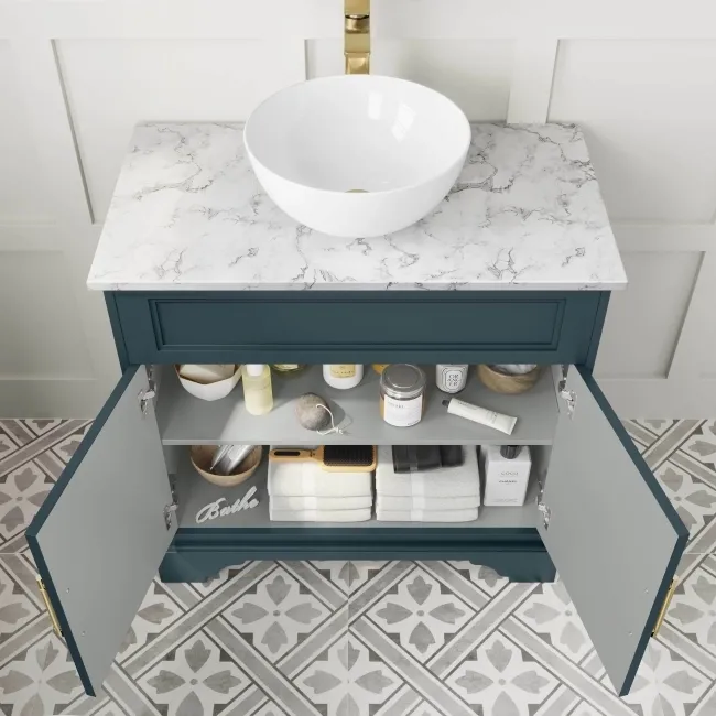 Lucia Inky Blue Vanity with Marble Top & Round Counter Top Basin 840mm - Brass Knurled Handles