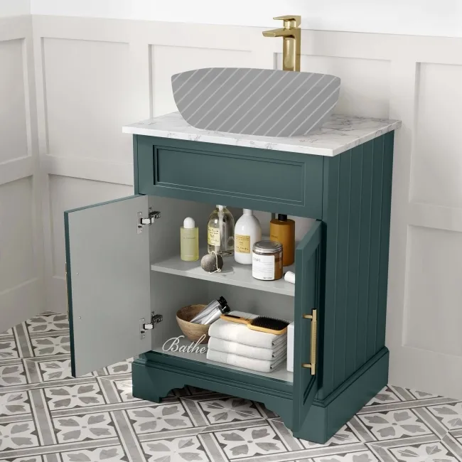 Lucia Midnight Green Cabinet with Marble Top 640mm (Excludes Counter Top Basin) - Brass Knurled Handles