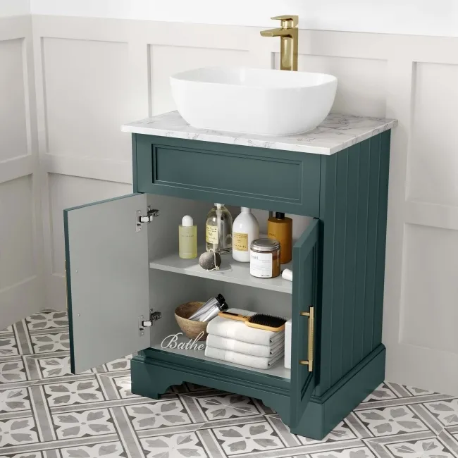 Lucia Midnight Green Vanity with Marble Top & Curved Counter Top Basin 640mm - Brass Knurled Handles