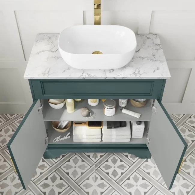 Lucia Midnight Green Vanity with Marble Top & Curved Counter Top Basin 840mm - Brass Knurled Handles