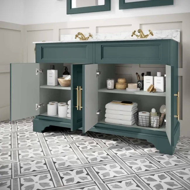 Lucia Midnight Green Double Vanity with Marble Top & Undermount Basins 1200mm - Brass Knurled Handles