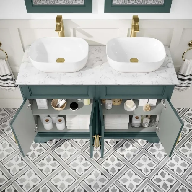 Lucia Midnight Green Double Vanity with Marble Top & Curved Counter Top Basin 1200mm - Brass Knurled Handles