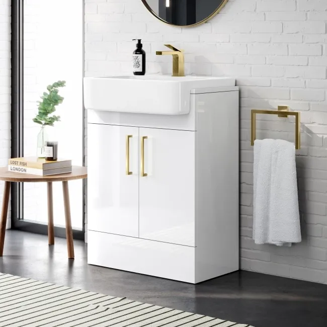 Harper Gloss White Vanity with Semi Recessed Basin 600mm - Brushed Brass Accents