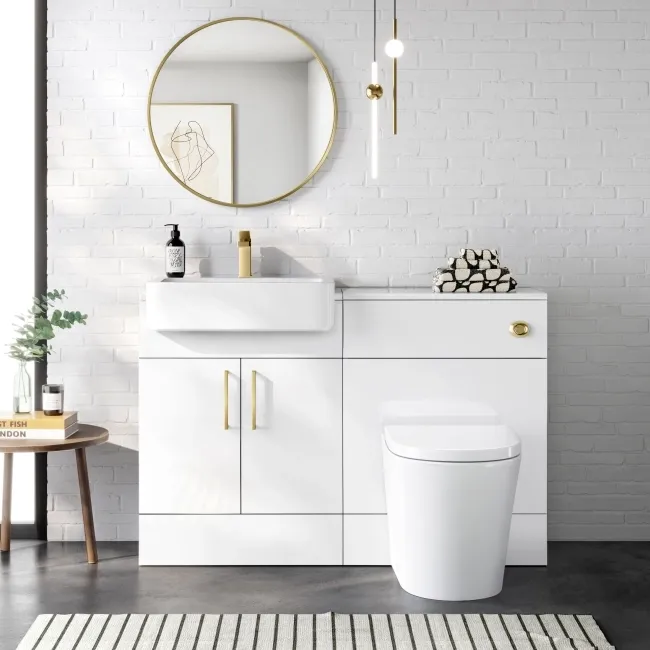 Harper Gloss White Vanity with Semi Recessed Basin 600mm - Brushed Brass Accents
