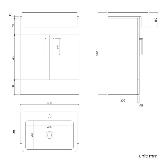 Harper Gloss White Vanity with Semi Recessed Basin 600mm - Brushed Brass Accents
