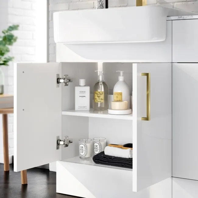 Harper Gloss White Basin Vanity with Marble Top & Back To Wall Unit 1200mm (Excludes Toilet) - Brushed Brass Accents