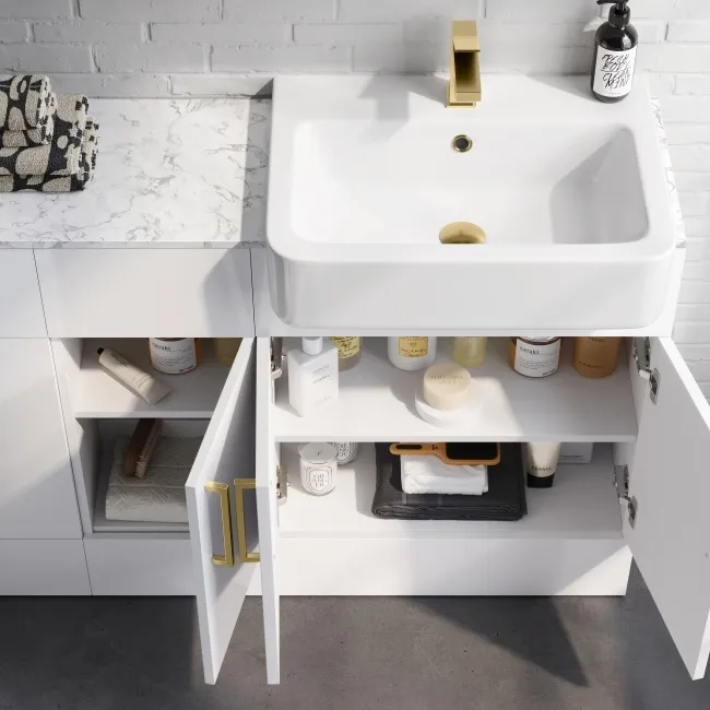 Harper Gloss White Combination Vanity Basin with Marble Top & Tucson Toilet 1500mm - Brushed Brass Accents