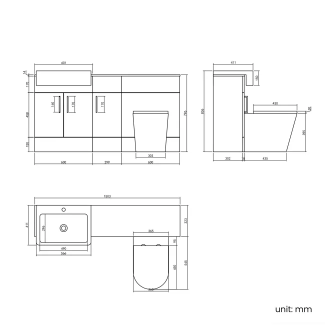 Harper Gloss White Combination Vanity Basin with Marble Top & Boston Toilet 1500mm - Brushed Brass Accents