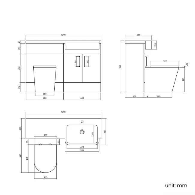 Harper Stone Grey Combination Vanity Basin and Boston Toilet 1200mm - Brushed Brass Accents - Right Handed