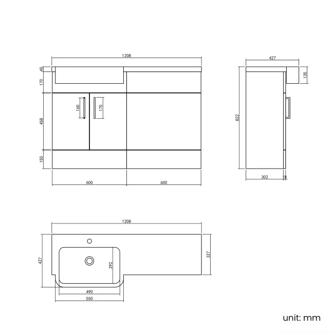 Harper Navy Blue Basin Vanity and Back To Wall Toilet Unit 1200mm (Excludes Toilet) - Left Handed