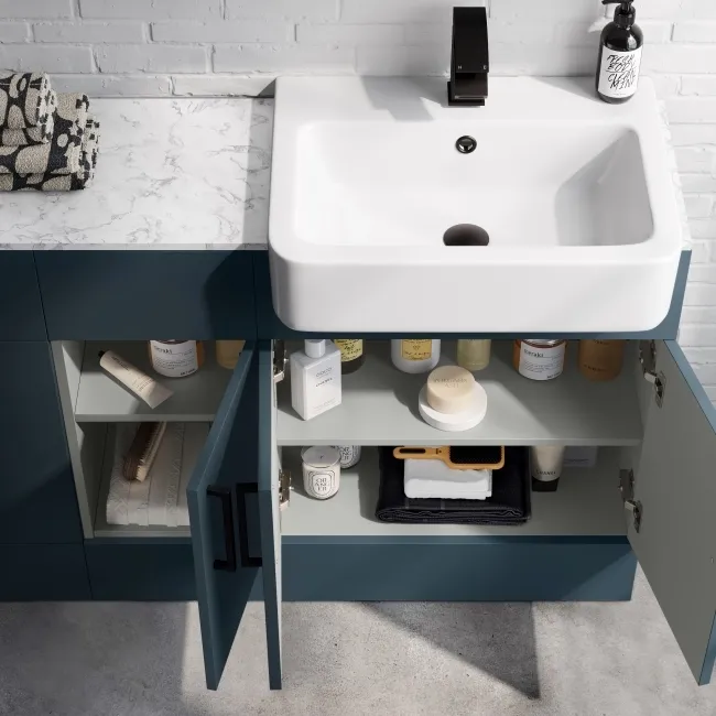 Harper Navy Blue Combination Vanity Basin with Marble Top & Boston Toilet 1500mm - Black Accents