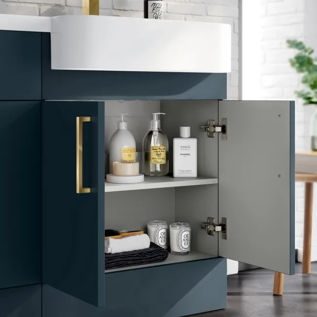 Harper Navy Blue Combination Vanity Basin and Boston Toilet 1200mm - Brushed Brass Accents - Right Handed