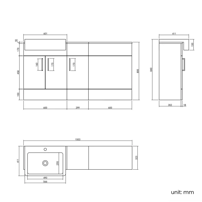 Harper Navy Blue Combination Vanity Basin 1500mm (Excludes Toilet) - Brushed Brass Accents